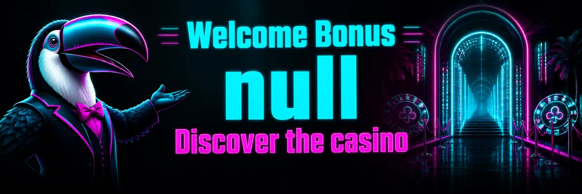 Neon toucan mascot presenting a welcome-themed casino scene in cyan and magenta.